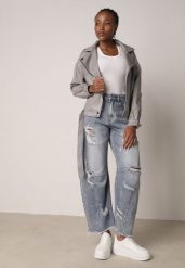 Niebieskie Bawełniane Jeansy Balloon z Wysokim Stanem i z Prztarciami Dziurami Typhaea. Niebieskie jeansy damskie Born2be, bez wzorów, z bawełny, eleganckie, z podwyższonym stanem. Za 119.99 zł.