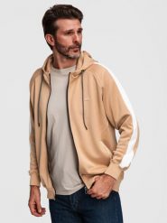 Rozpinana męska bluza z kapturem i lampasami - beżowa V4 - Rozmiar: M. Brązowe bluzy sportowe męskie Ombre Clothing, m, z aplikacjami, z dzianiny, z kapturem. Za 189.99 zł.
