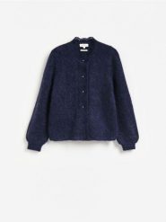 Kardigan z dodatkiem moheru - granatowy. Niebieskie kardigany damskie Reserved, l, bez wzorów, z dzianiny, bez kołnierzyka. Za 379.99 zł.