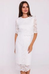 Elegancka ołówkowa dwuczęściowa sukienka koronkowa ecru. Sukienki damskie Stylove, m, bez wzorów, z koronki, eleganckie, bez kołnierzyka, bez ramiączek, ołówkowe. Za 449.00 zł.