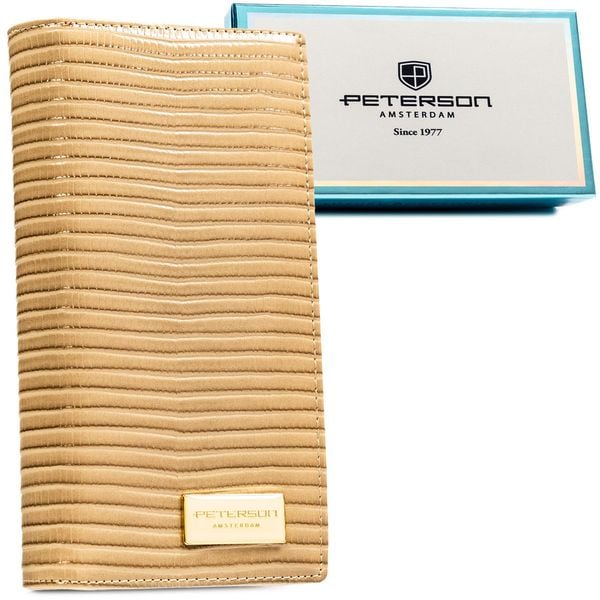 Beżowy portfel damski zamykany na magnes i suwak, zdobiony plecionką Peterson PTN PS1431-CRV. Brązowe portfele damskie Peterson, ze skóry. Za 120.99 zł.