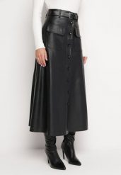 Czarna Trapezowa Spódnica Midi z Ekoskóry na Guziki i Paskiem Stardia. Czarne spódnice damskie Born2be, na co dzień, l, bez wzorów, eleganckie, midi, rozkloszowane. Za 169.99 zł.