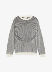 Sweter z prążkowanej dzianiny z mieszanki bawełny, luźny krój. Czarne swetry męskie bonprix, m, bez wzorów, z bawełny, bez kołnierzyka, bez ramiączek. Za 129.99 zł.