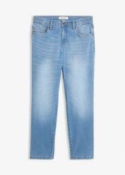 Jeansy straight, mid waist, cropped. Niebieskie jeansy damskie bonprix, bez wzorów, z jeansu. Za 142.99 zł.