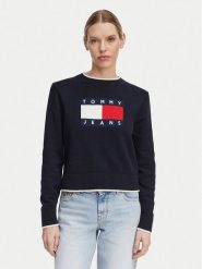 Tommy Jeans Sweter Intarsia Flag Badge DW0DW22316 Granatowy Relaxed Fit. Niebieskie swetry nierozpinane damskie Tommy Jeans, m, bez wzorów, z bawełny, bez kołnierzyka, bez ramiączek. Za 409.99 zł.