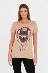 GUESS Brązowy damski t-shirt bawełniany z wilkiem, Rozmiar L. Brązowe t-shirty damskie Guess, l, z aplikacjami, z bawełny, bez kołnierzyka, bez ramiączek. W wyprzedaży za 184.99 zł.