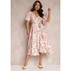 Różowa Sukienka Zinano. Czerwone sukienki damskie Renee, m, bez wzorów, z materiału, bez kołnierzyka, bez ramiączek, midi, kopertowe. Za 49.99 zł.