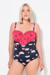 Damski Strój kąpielowy serca falbanka fiszbiny miękkie miseczki. Czarne stroje kąpielowe damskie Ulla Popken, plus size, bez wzorów, z elastanu. Za 279.99 zł.