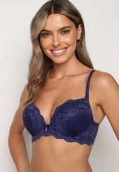 Granatowy Biustonosz Push-Up z Koronką Elagia. Niebieskie biustonosze Born2be, bez wzorów, z koronki. Za 34.99 zł.