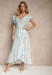 Niebieska Asymetryczna Sukienka z Bawełny z Falbankami i Kwiatowym Printem Lommea. Niebieskie sukienki damskie Renee, na co dzień, l, bez wzorów, z bawełny, eleganckie, z asymetrycznym kołnierzem, bez ramiączek, midi, asymetryczne. Za 109.99 zł.