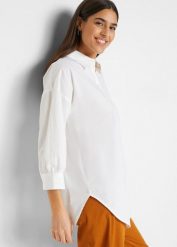 Koszula oversize z bawełny, rękawy 3/4. Białe koszule damskie bonprix, bez wzorów, z bawełny, bez kołnierzyka, bez ramiączek. Za 82.99 zł.
