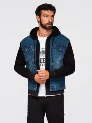 Męska kurtka jeansowa z dzianinowymi rękawami i kapturem – niebiesko-czarna V2 - Rozmiar: L. Niebieskie kurtki męskie Ombre Clothing, l, bez wzorów, z bawełny, eleganckie. Za 379.99 zł.