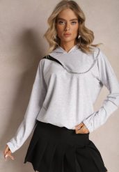 Szara Asymetryczna Bluza z Bawełny z Kapturem i Ozdobnym Suwakiem Lueur. Szare bluzy damskie Renee, bez wzorów, z bawełny, casualowe, bez ramiączek, z kapturem. Za 79.99 zł.