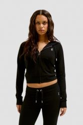 JUICY COUTURE Czarna bluza damska Single Jersey Ola Hoodie. Czarne bluzy damskie Juicy Couture, s, bez wzorów, z jersey, bez ramiączek, bez kaptura. W wyprzedaży za 284.99 zł.