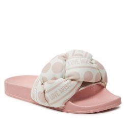 Klapki LOVE MOSCHINO. Brązowe klapki damskie Love Moschino, bez wzorów, bez obcasa, bez zapięcia. Za 459.99 zł.