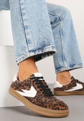 Panterkowe Skórzane Sneakersy Tenisówki z Geometrycznym Wzorem Mirathe. Białe trampki i tenisówki damskie Born2be, bez wzorów, bez zapięcia. Za 159.99 zł.