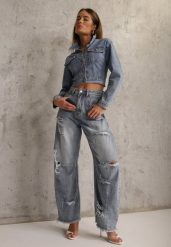 Niebieskie Jeansy z Bawełny Balloon High Waist z Przedarciami Taeryre. Niebieskie jeansy damskie Renee, bez wzorów, z bawełny, z podwyższonym stanem. Za 119.99 zł.