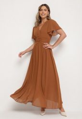 Brązowa Kopertowa Sukienka Maxi z Gumką w Pasie Narlin. Brązowe sukienki damskie Born2be, na co dzień, s, bez wzorów, z jeansu, klasyczne, bez kołnierzyka, bez ramiączek, maxi, kopertowe. Za 129.99 zł.