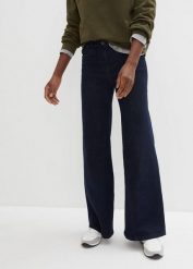 Jeansy wide leg z wysokim stanem i wygodnym pasem. Niebieskie jeansy damskie bonprix, bez wzorów, z jeansu, z podwyższonym stanem. Za 159.99 zł.