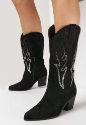 Czarne Botki Kowbojki w Cyrkonie Incandes. Czarne botki damskie Born2be, z aplikacjami, bez obcasa, na obcasie, bez zapięcia. Za 159.99 zł.