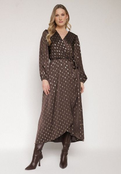 Brązowa Kopertowa Sukienka z Wiązaniem w Pasie i Metalicznym Nadrukiem Reisana. Brązowe sukienki damskie Born2be, na co dzień, m, z aplikacjami, eleganckie, bez kołnierzyka, bez ramiączek, kopertowe. Za 159.99 zł.
