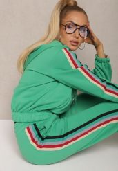 Zielony Komplet Dresowy z Kolorowym Lampasem Bluza z Kapturem i Spodnie Joggery Nevarielles. Zielone bluzy damskie Renee, l, bez wzorów, z dresówki, sportowe, bez ramiączek, z kapturem. Za 99.99 zł.