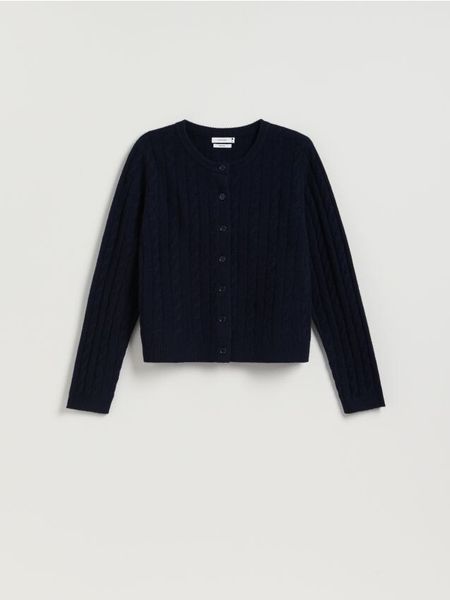 Kardigan z wełny merino - granatowy. Niebieskie kardigany damskie Reserved, l, bez wzorów, z wełny, bez kołnierzyka. Za 239.99 zł.